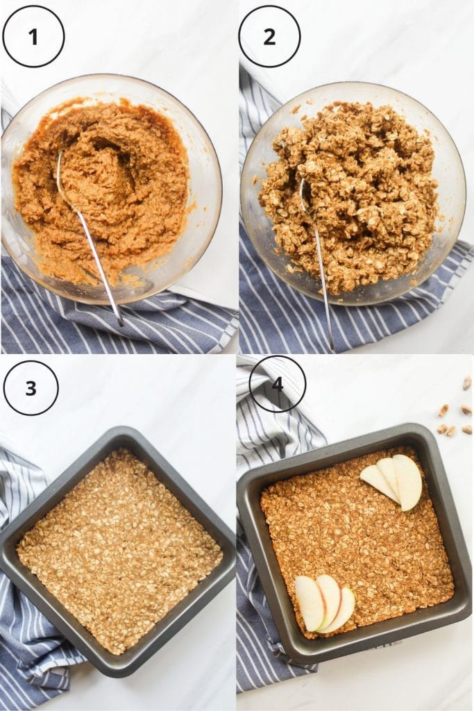 Making process including mixing the wet ingredients, adding in the rolled oats, transfering the mixture to a baking pan and the end product