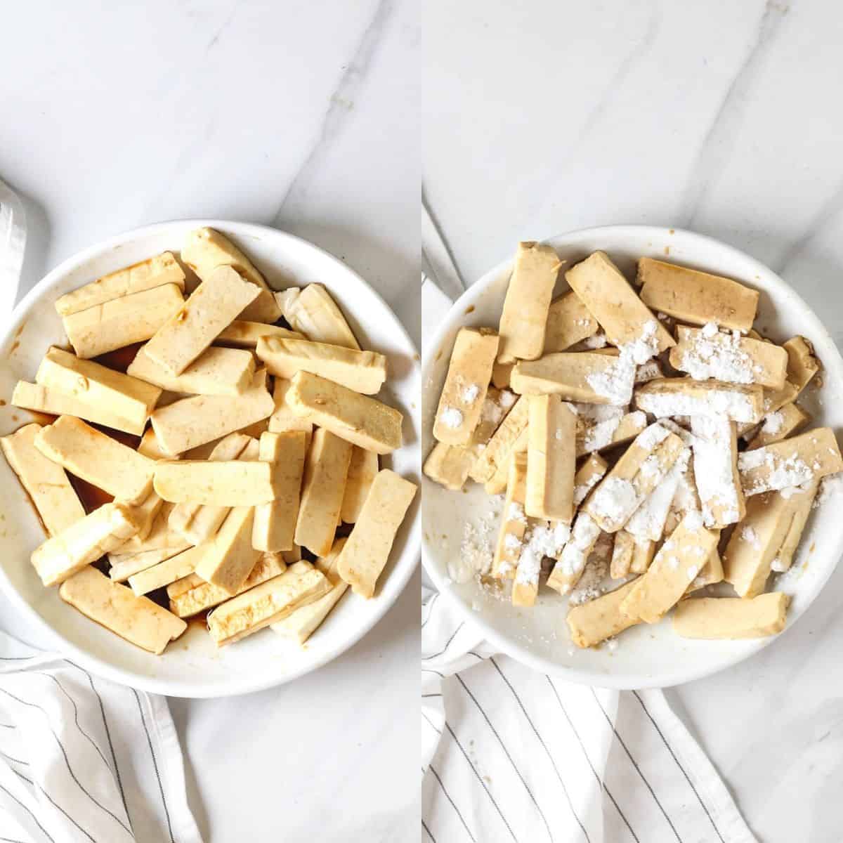 Marinating the tofu then tossing in the corn starch.