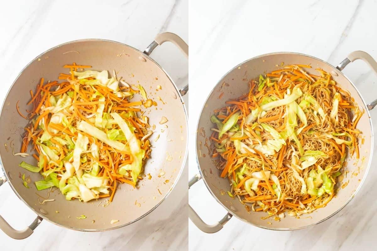 Cooking veggies then adding in the noodles.