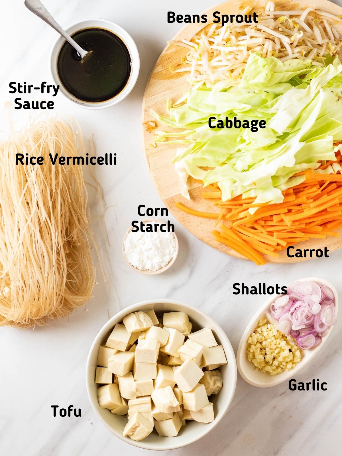 Ingredients needed to make stir-fry rice vermicelli.