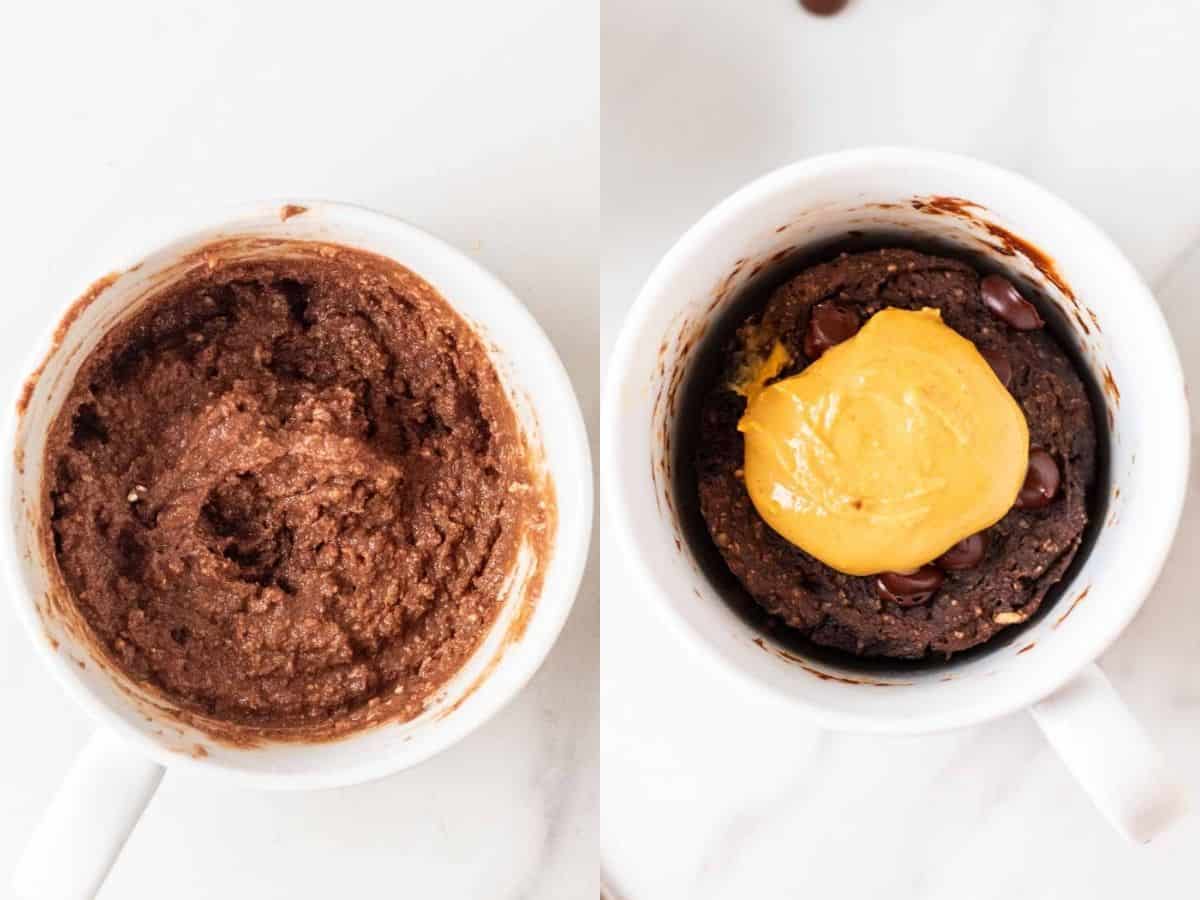 A collage of before and after cooking mug cake.