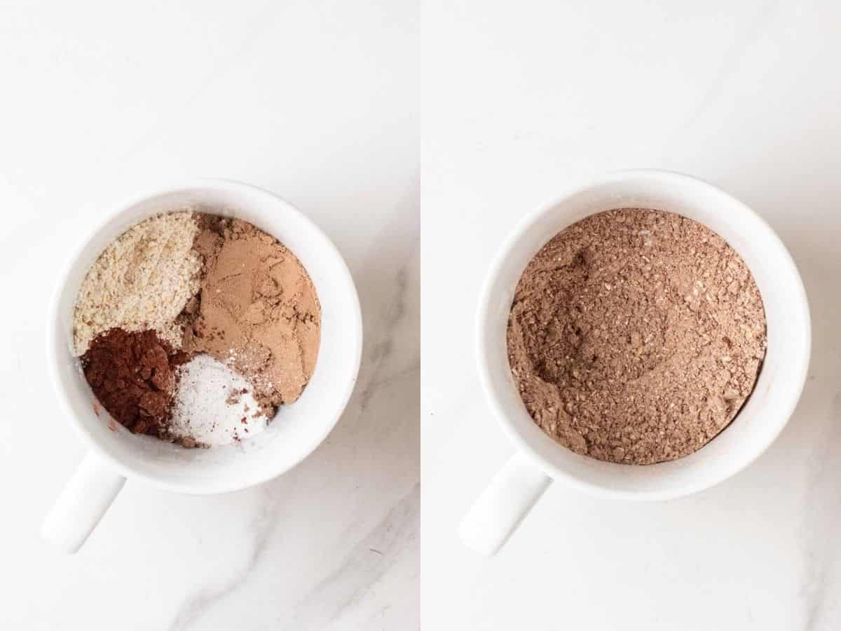 Mixing dry ingredients in a mug.