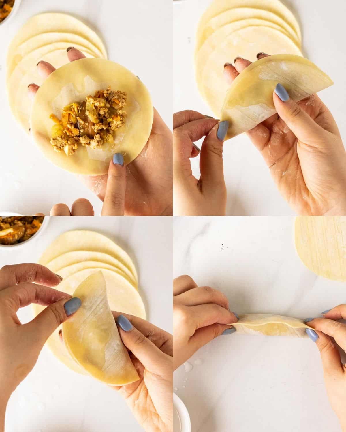 A collage of 4 pictures on wrapping dumplings.