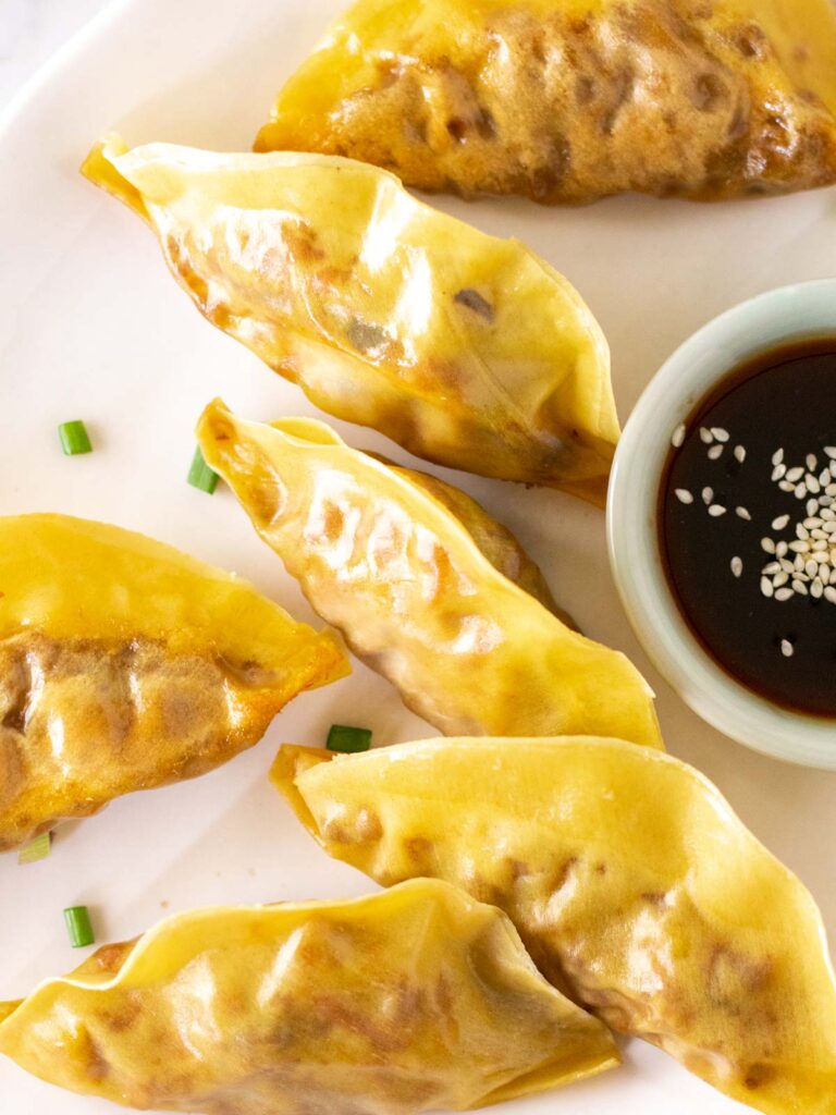 A close up shot of vegan gyoza arranged on a plate.