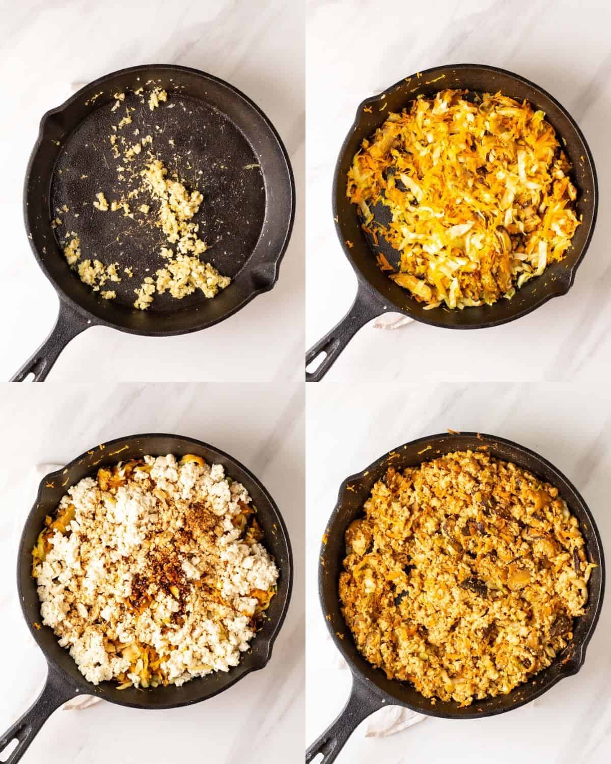 A collage of images on the process of making filling for dumplings.