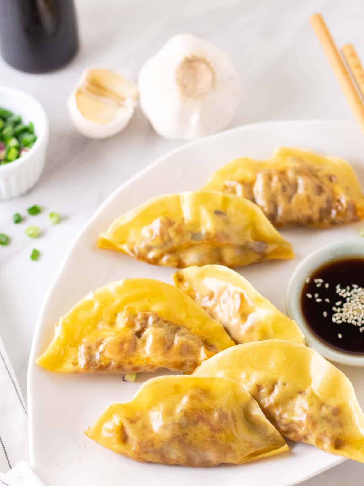 A head on shot of vegan gyoza on a plate.