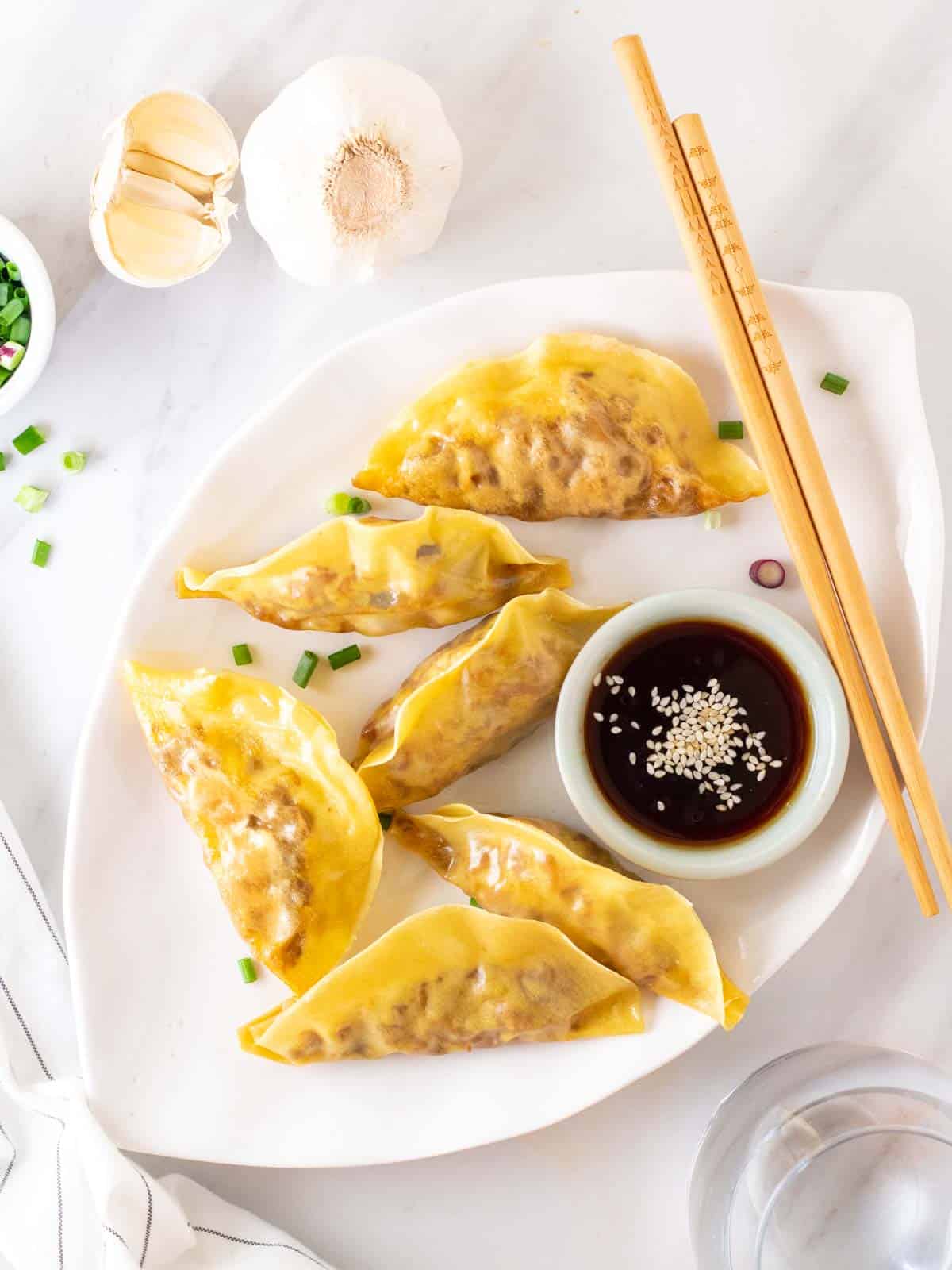 A overhead shot of dumplings arranged on a white plate served with dipping sauce .