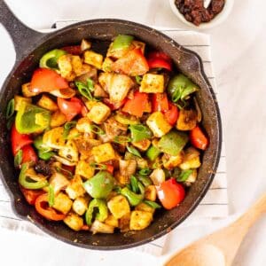 An overhead shot of black bean sauce tofu in a pan.