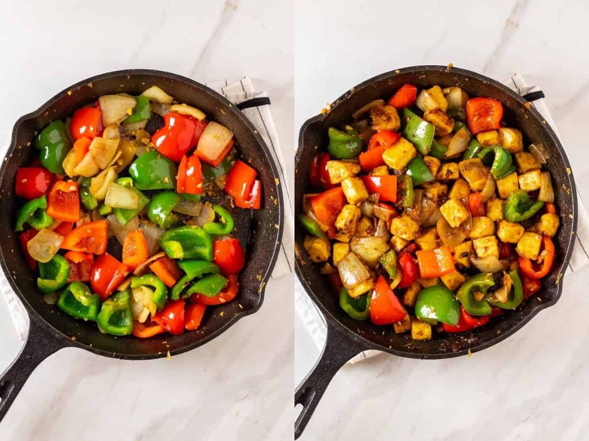 A collage of stirring in bell peppers, then adding in tofu and seasonings.