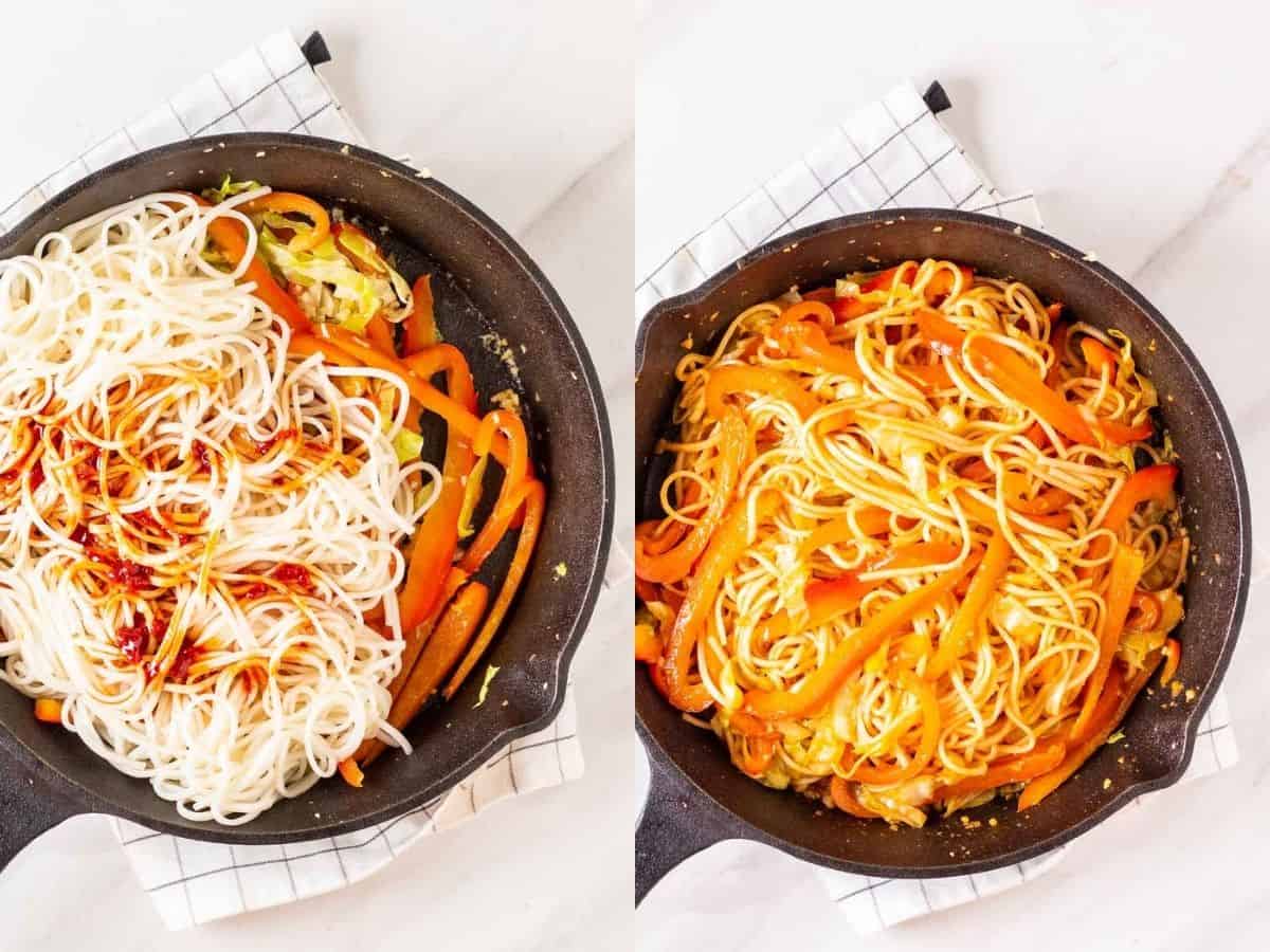 A collage of 2 image before and after stirring in sauce into the noodles.