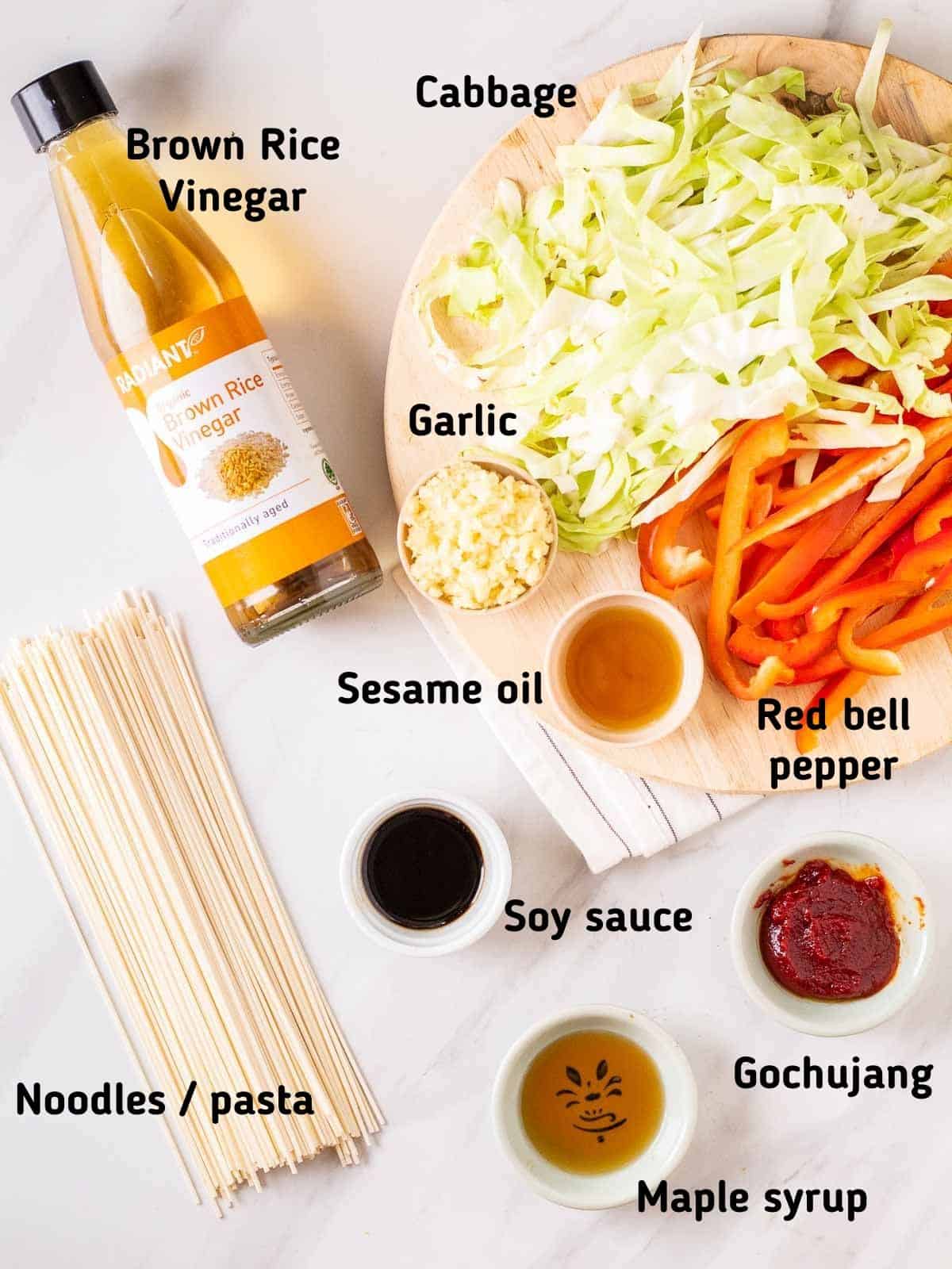 Ingredients needed to make gochujang noodles.