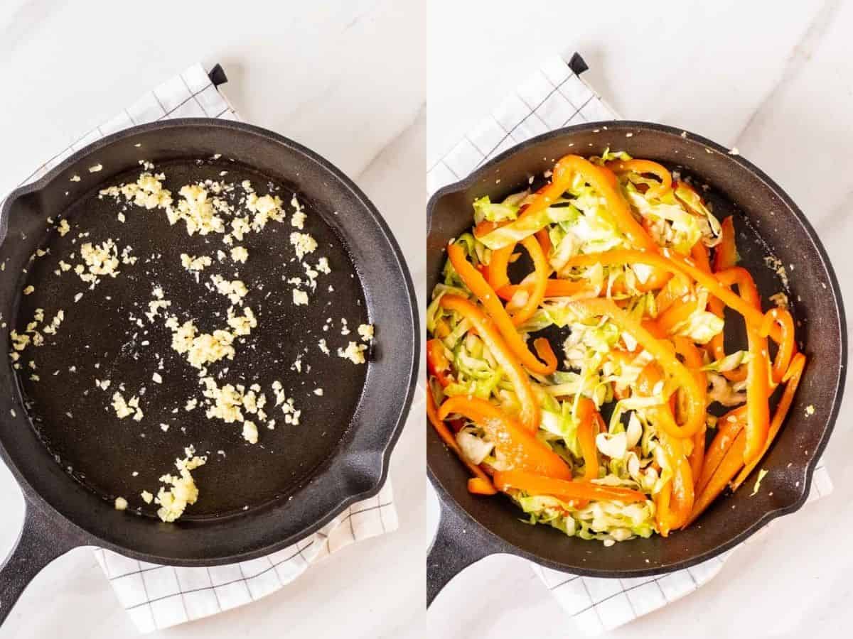 2 image collage of first sauteing garlic, then cooking the vegetables.