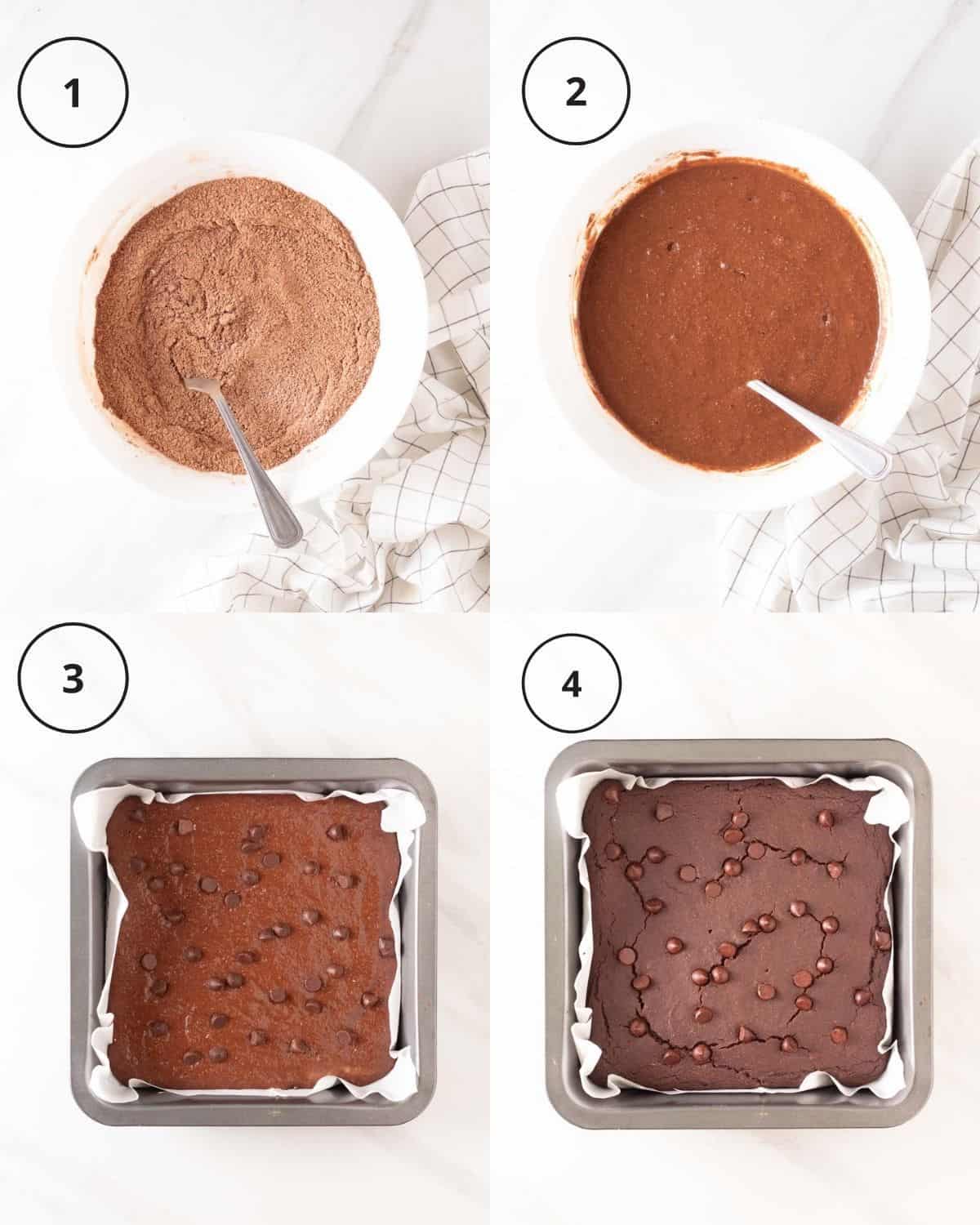 A 4 picture collage of process of making brownies, which shows mixing dry ingredients, adding in wet ingredients, batter in a square tray and brownies in tray after baking.