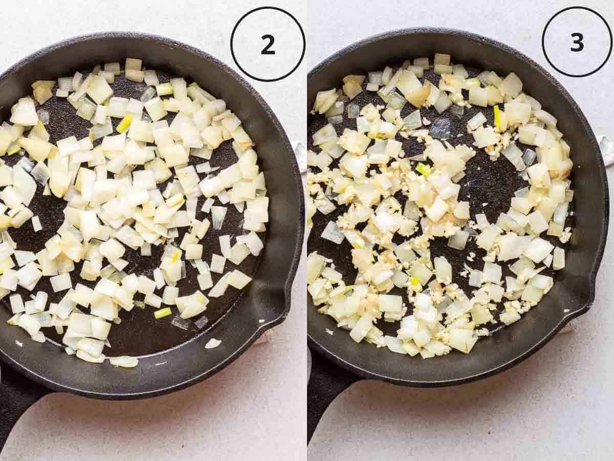 Collage showing sauteing onion then adding in garlic in a black pan.