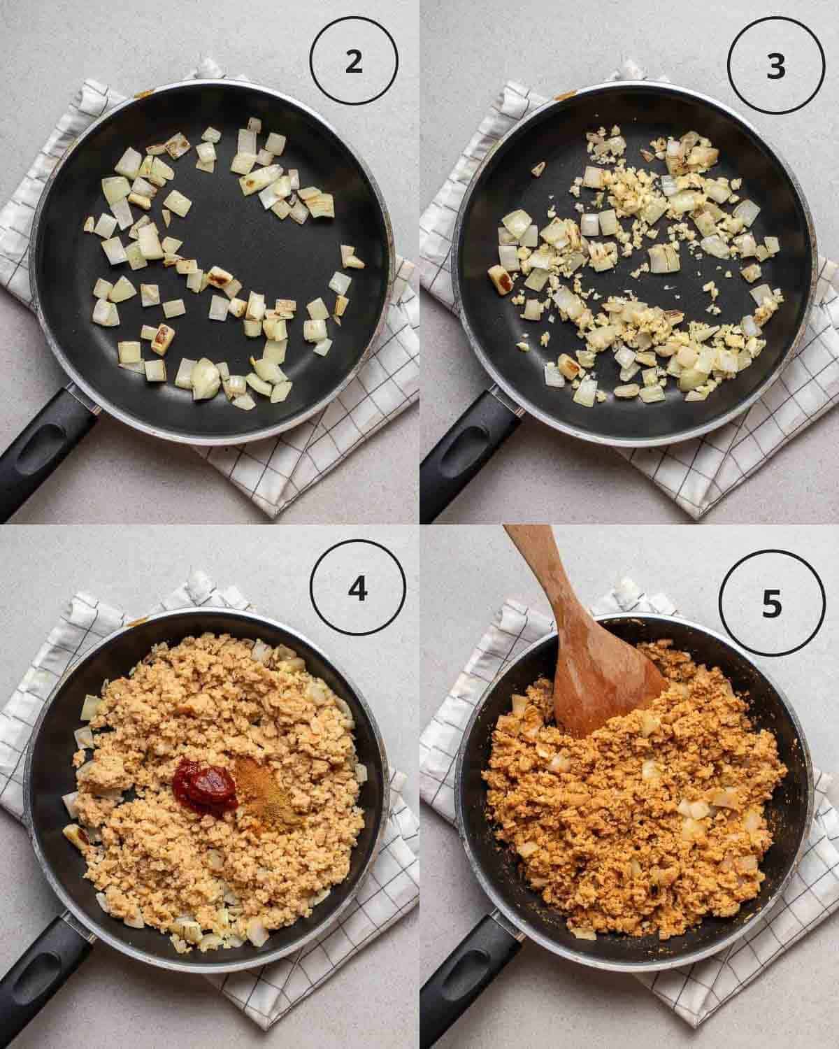 A collage showing sauteing onion, adding garlic and adding TVP and spices in a pan.