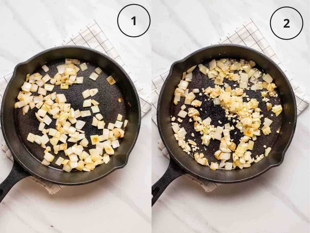 Collage showing cooking onion then adding in garlic.
