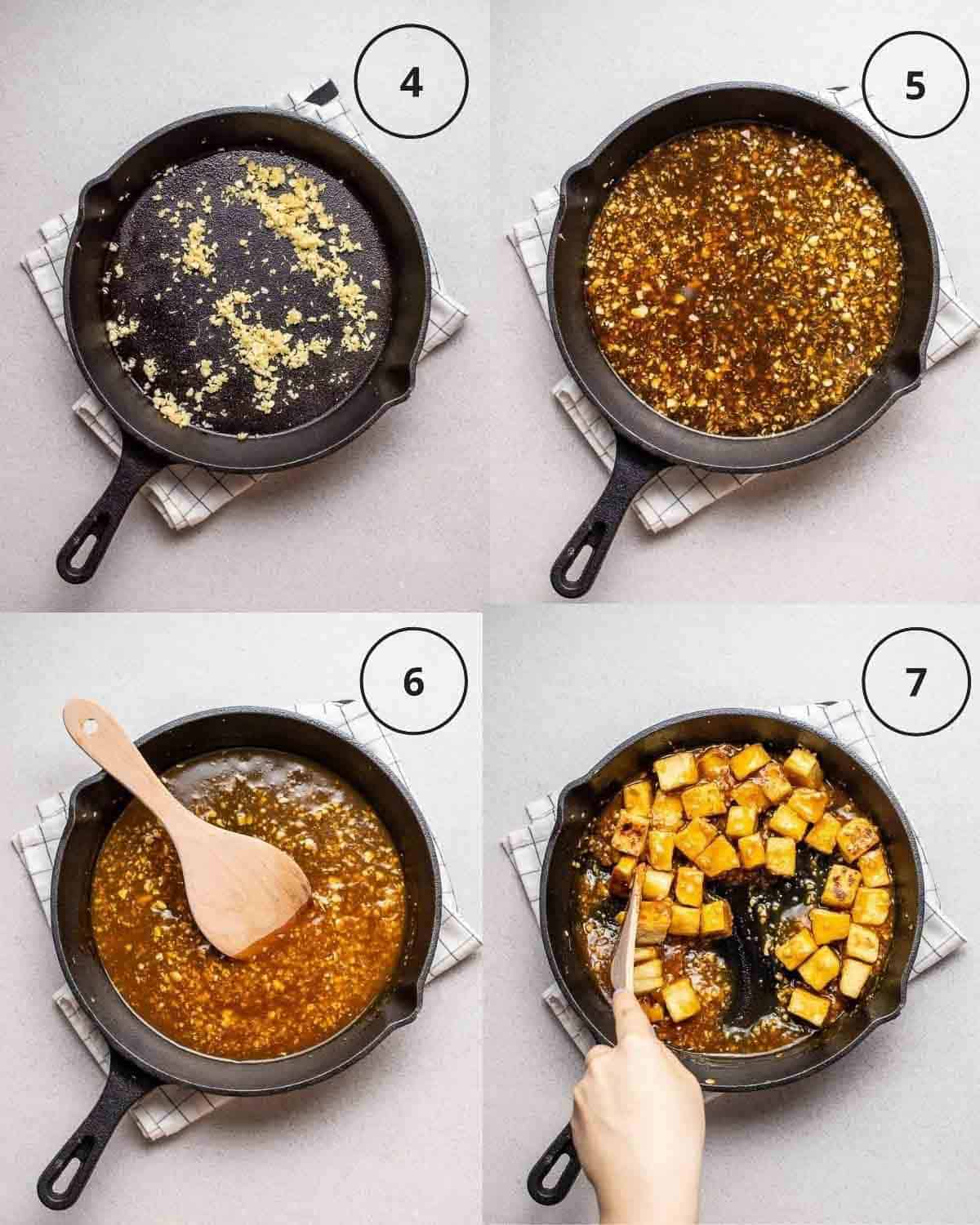 Collage showing sauteing aromatics, adding in ingredients for sauce, cooking until sauce thickens and stirring in tofu.
