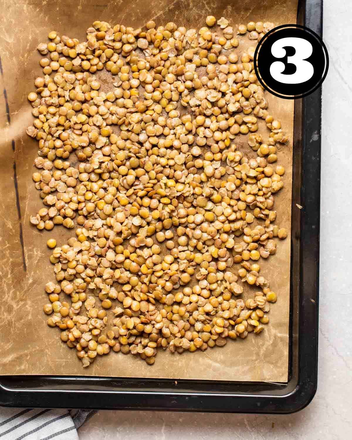 Lentils on a baking paper lined with parchment paper.