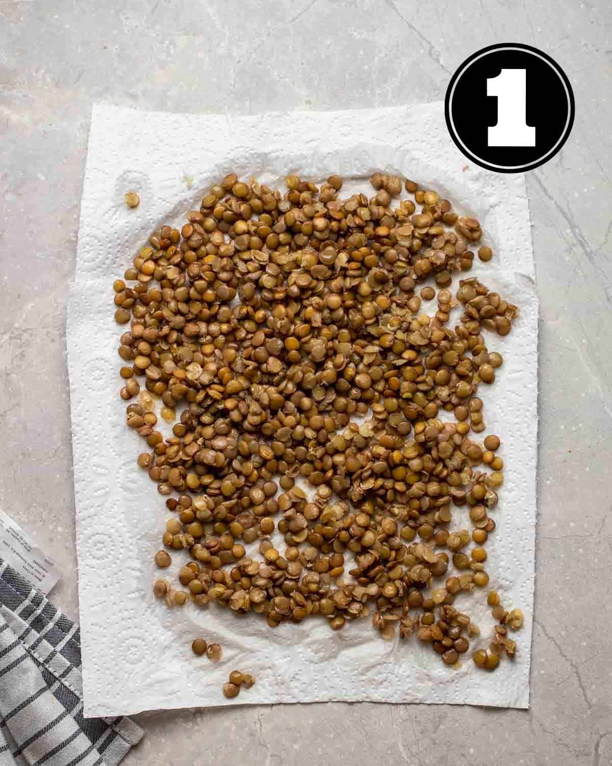 Drying lentils on paper towels.