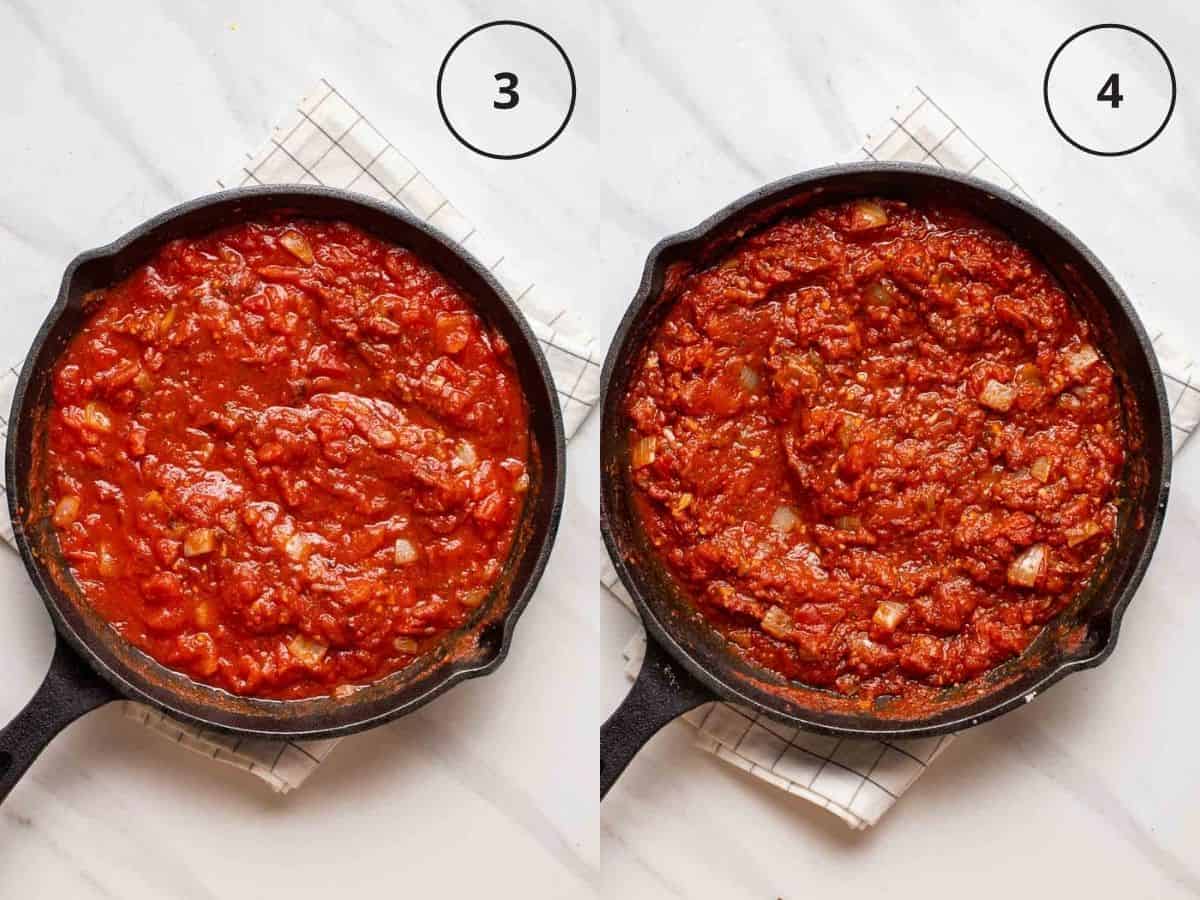Collage showing cooking marinara sauce in black pan.