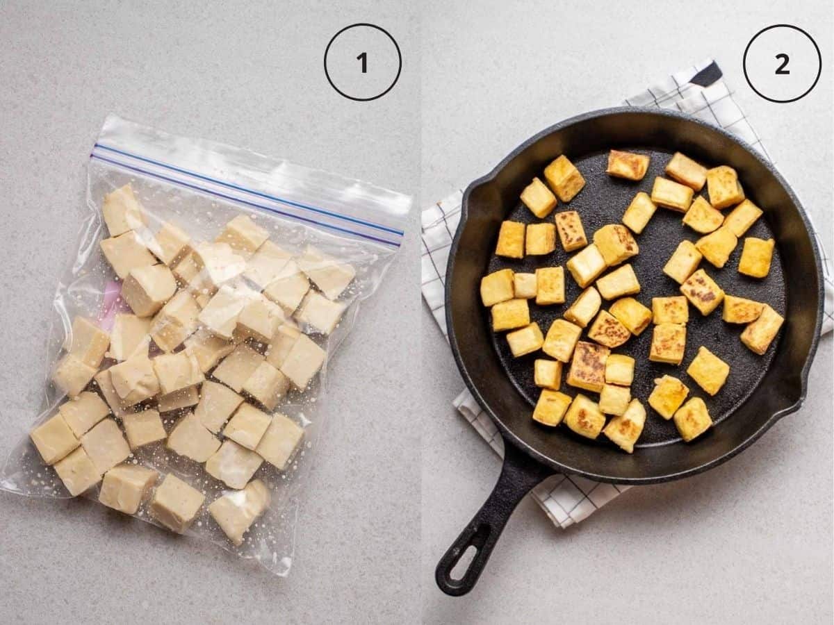 Collage showing tofu cubes in a storage bag and cooking tofu in cast iron pan.