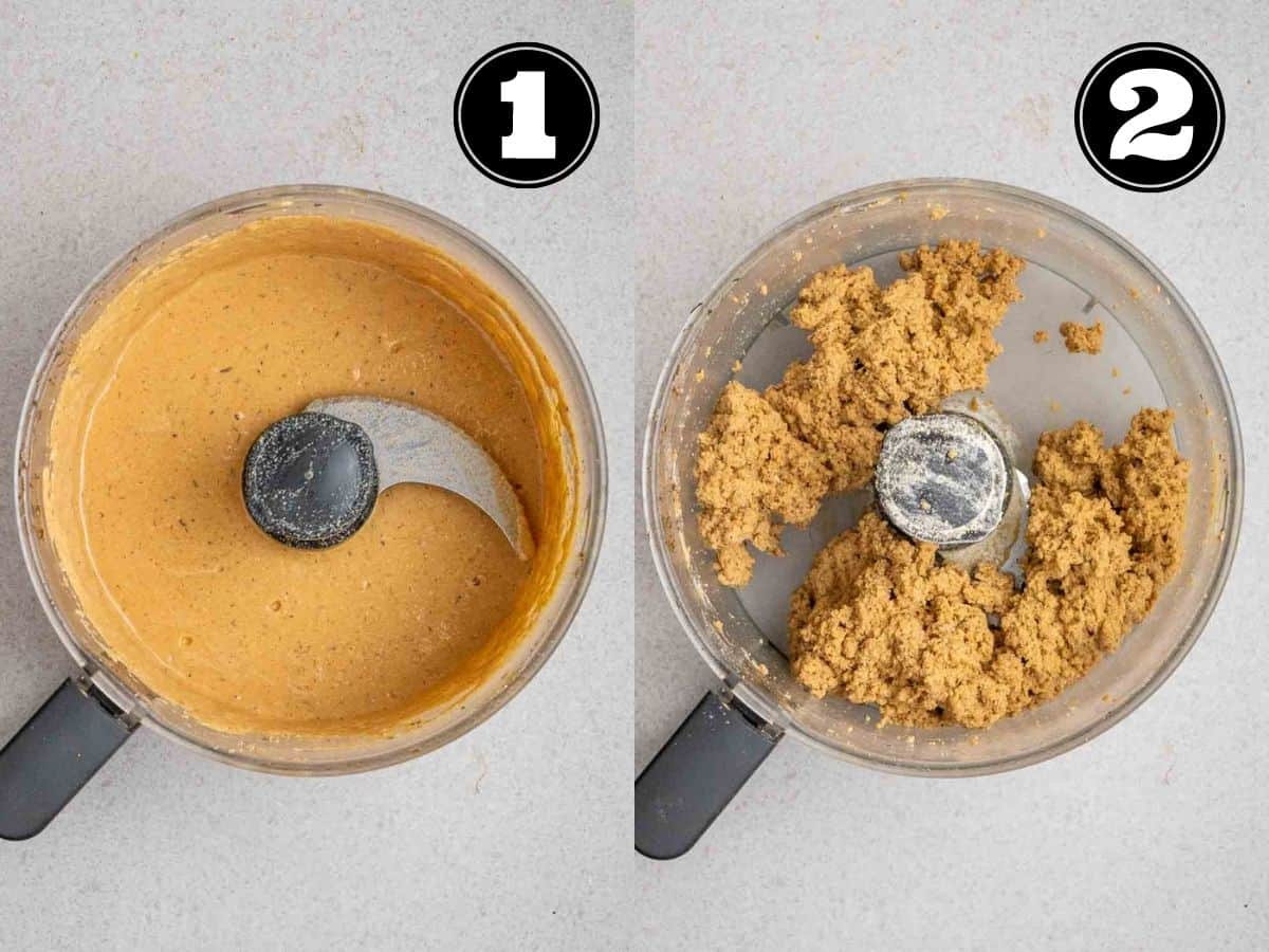Collage showing tofu mixture then dough of sausages in a food processor.