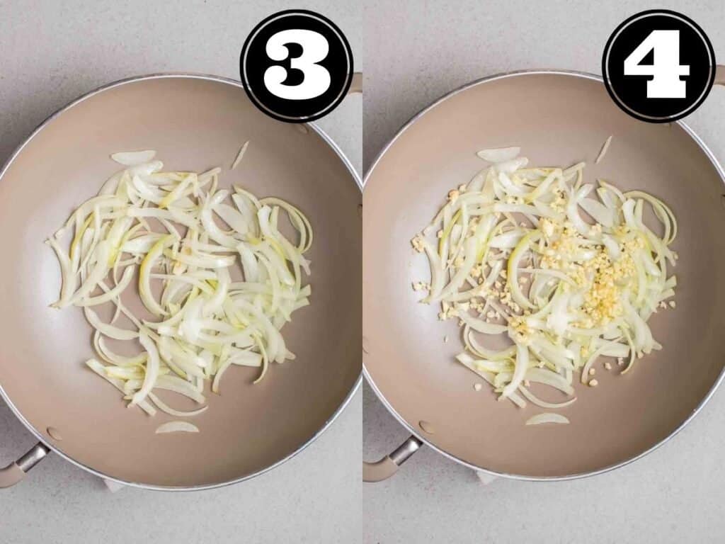 Collage showing sauteing onion then adding in garlic in a wok.