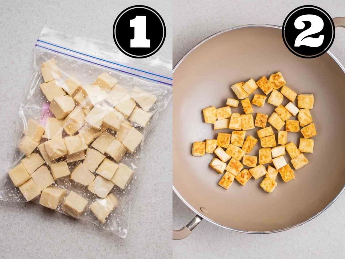 Collage showing tofu cubes in a zip top bag and pan fried tofu in a wok.