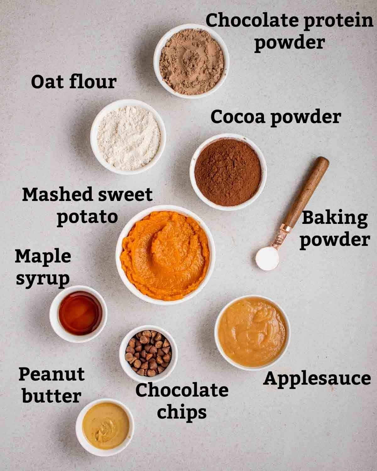 Ingredients needed like mashed sweet potato, protein powder, oat flour, applesauce and maple syrup.