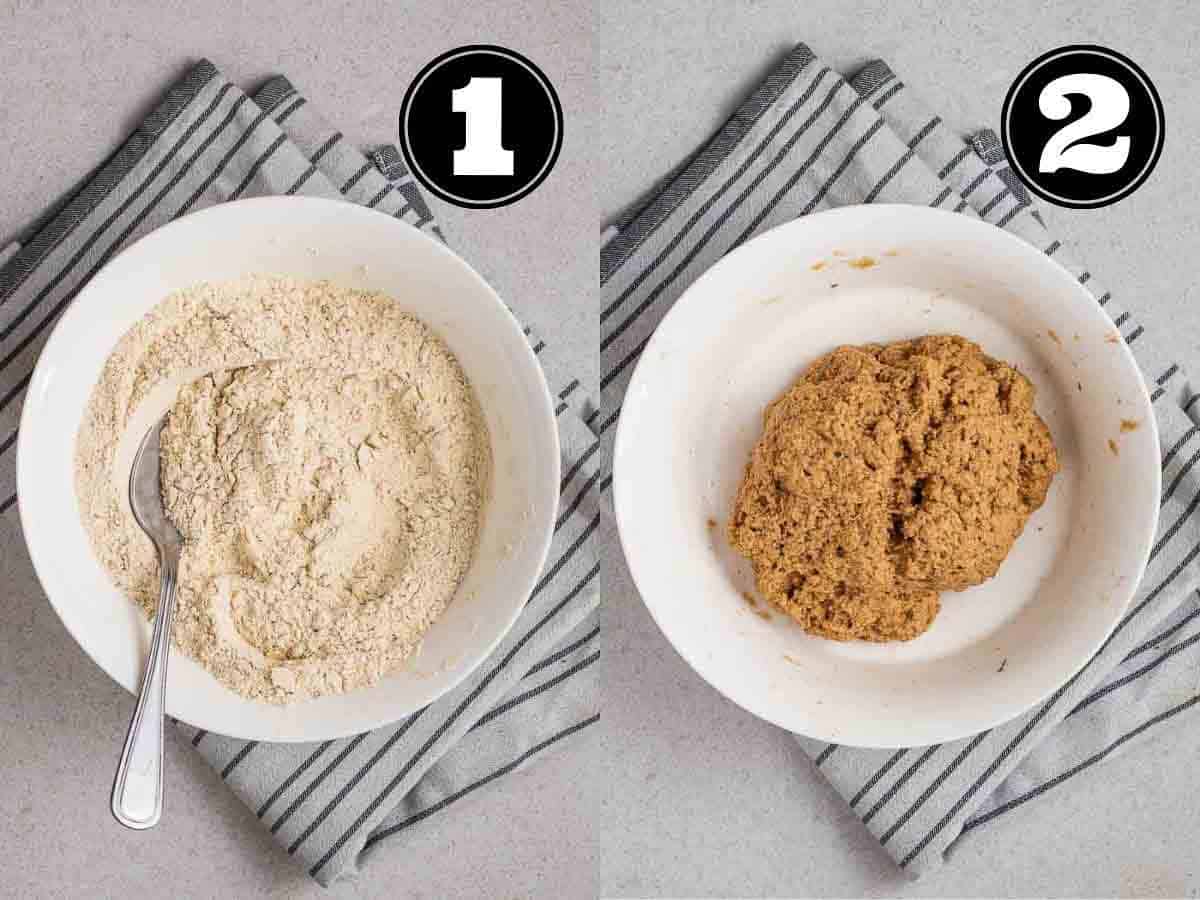 Collage showing dry ingredients then dough of sausages in a bowl with fork.