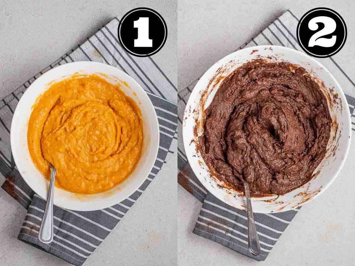Collage showing wet ingredients and brownie batter in a white bowl with a fork.