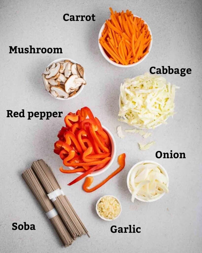 Ingredients needed like soba, onion, garlic and veggies on a grey background.