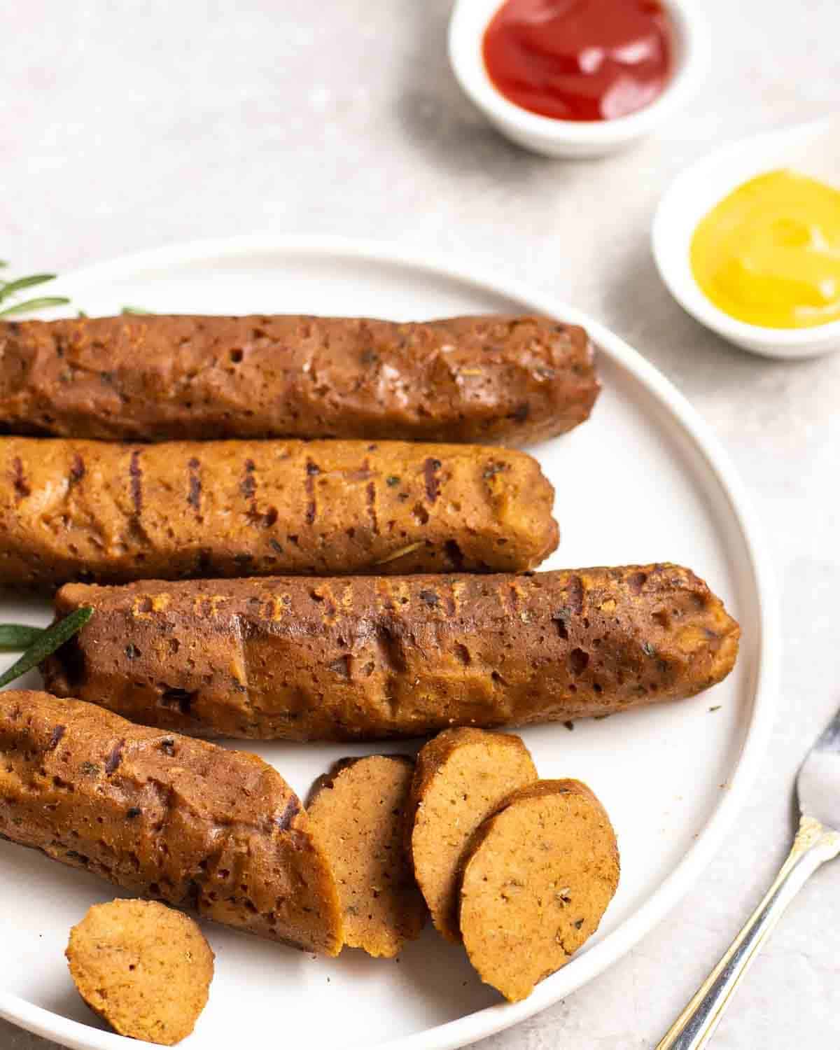 4 seitan sausages on a plate with the first one partially sliced.