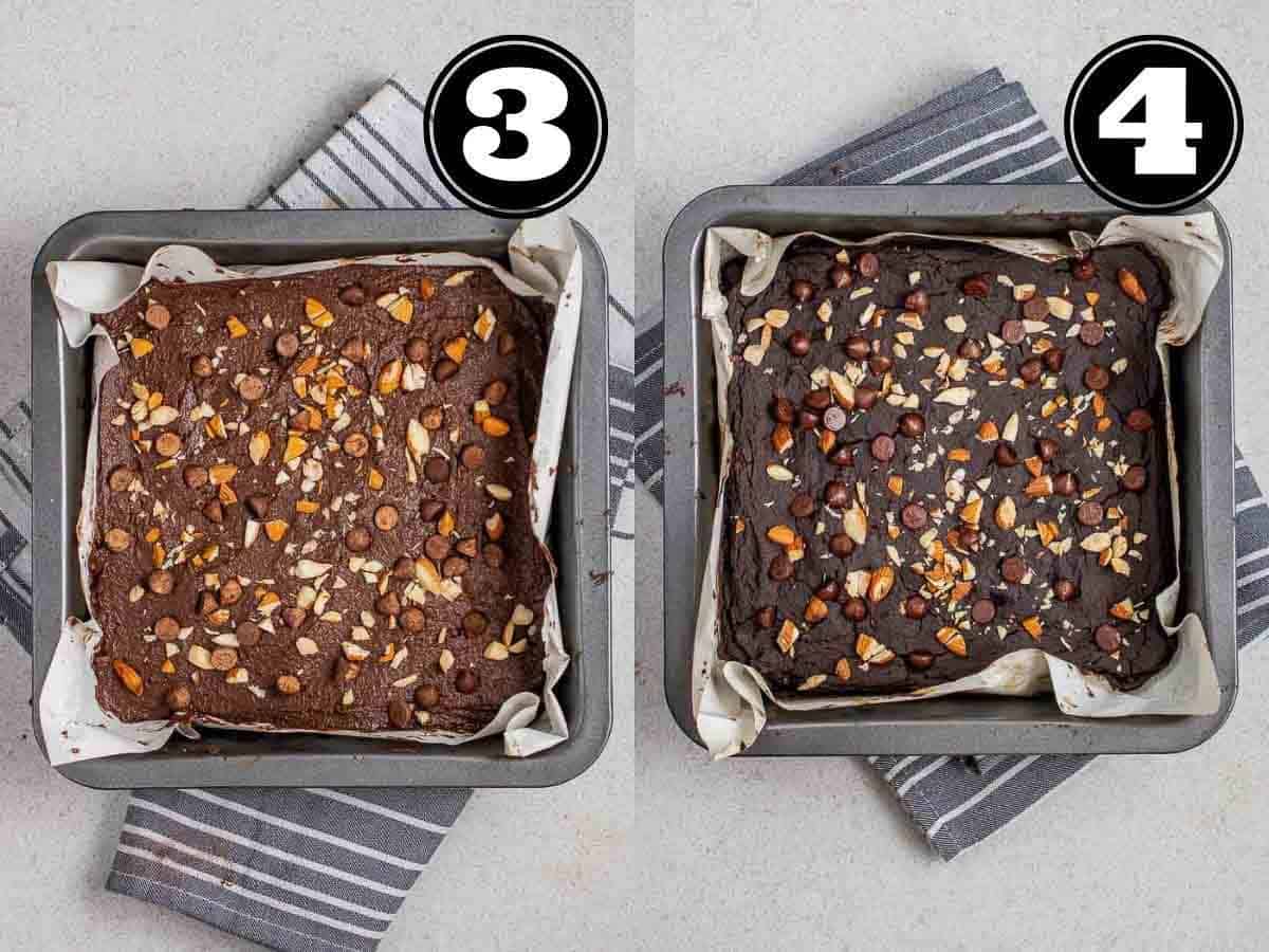 Collage showing before and after baking brownies in a lined black baking pan.