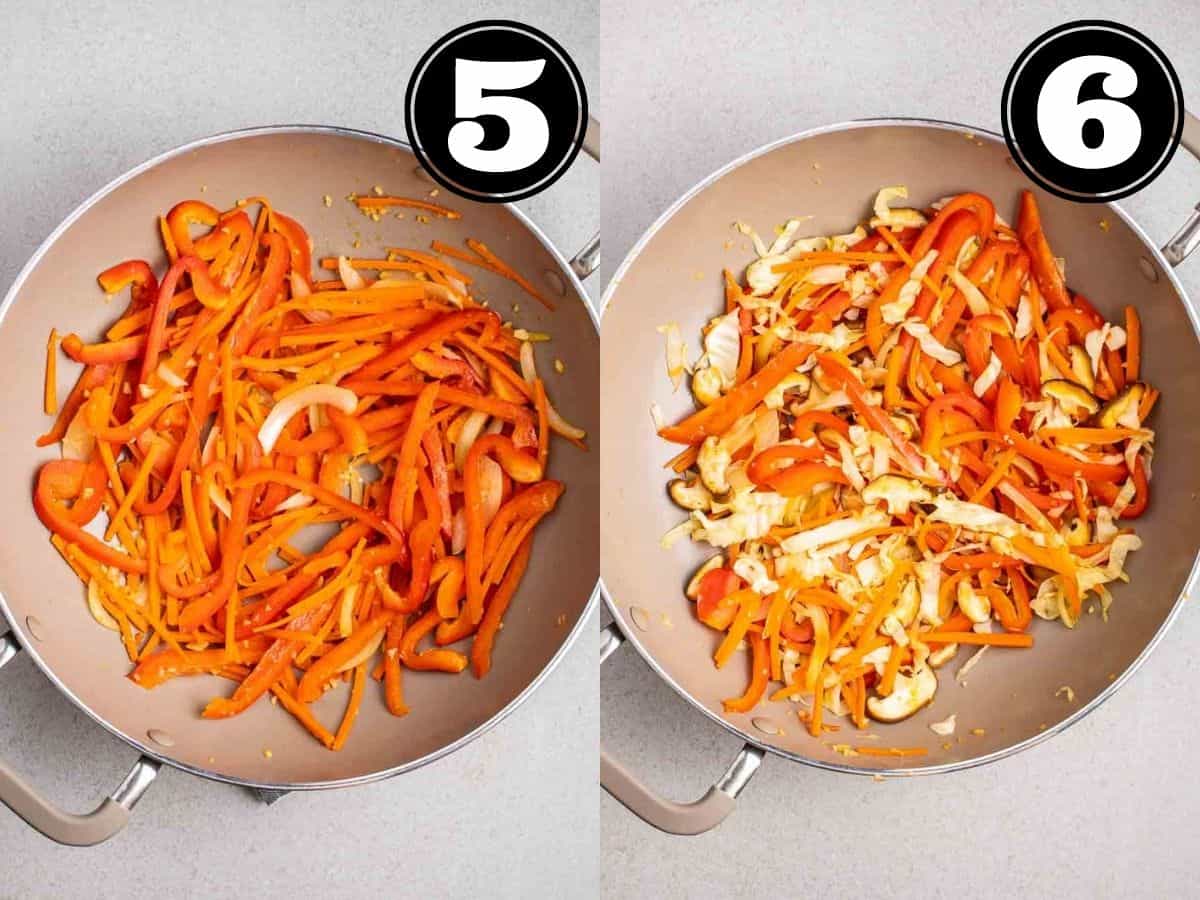 Collage showing cooking vegetables in a wok on a grey background.