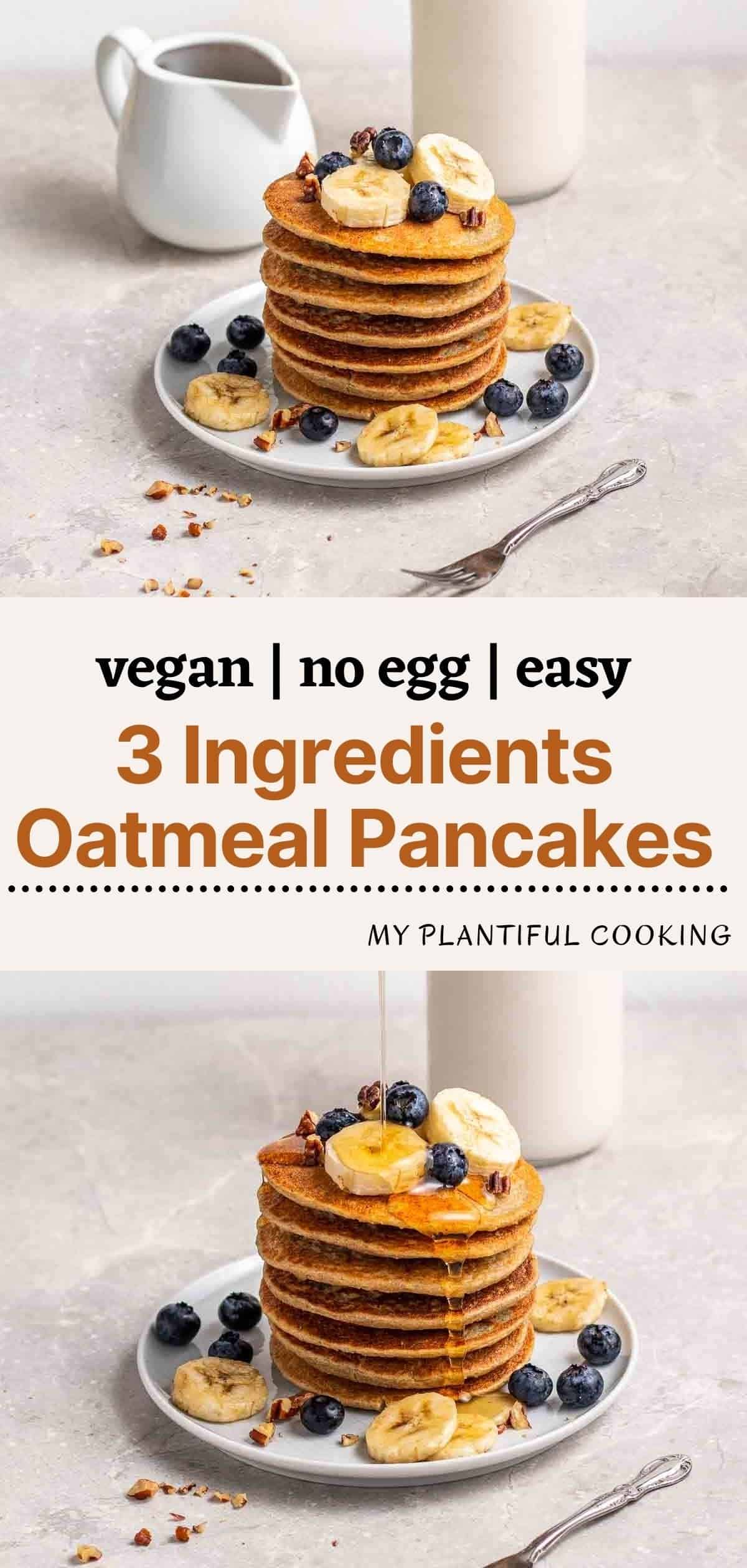 2 images of a stack of pancakes topped with banana and blueberries with text in between images.