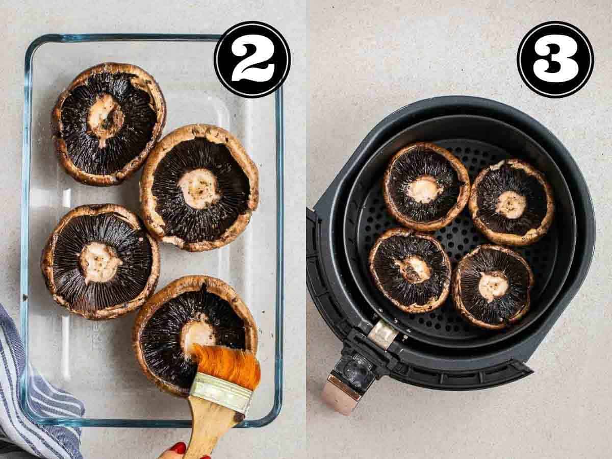 Collage showing brushing on marinade and portobello mushrooms in the air fryer tray.
