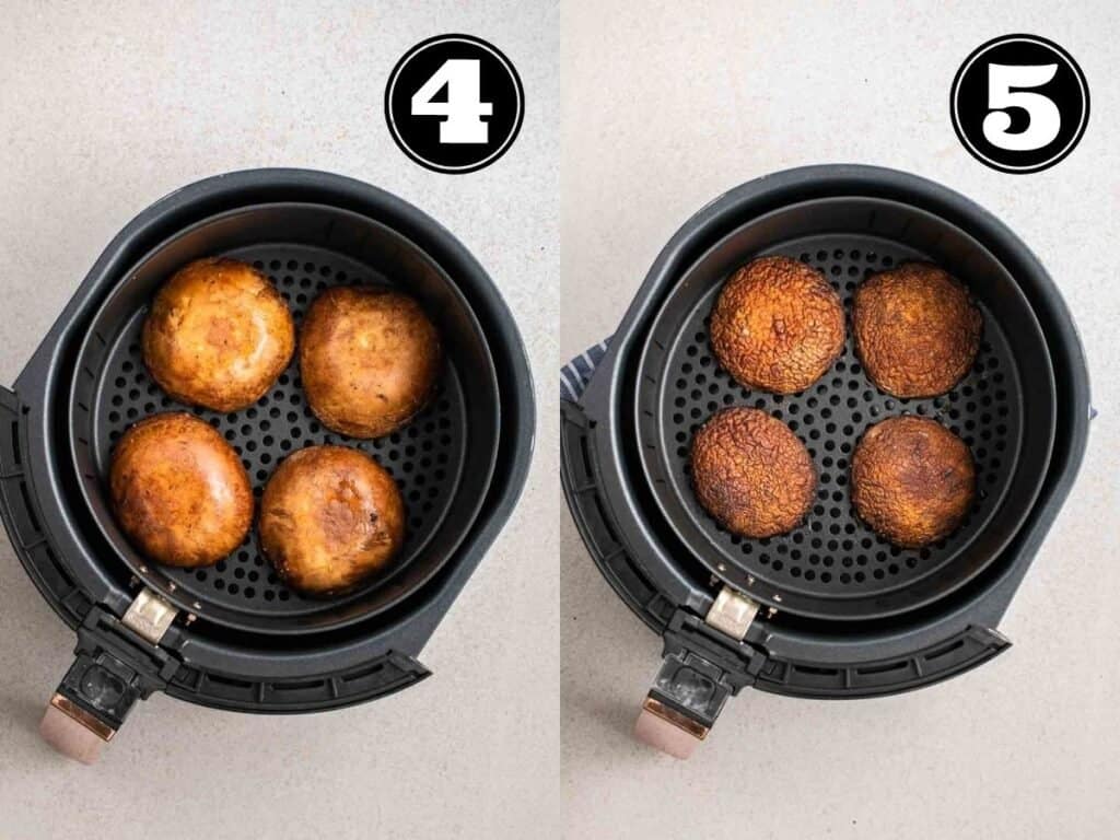 Collage showing before and after air frying mushrooms.