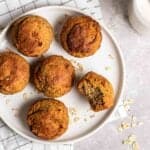 A plate of protein muffins on a white checkered teacloth.