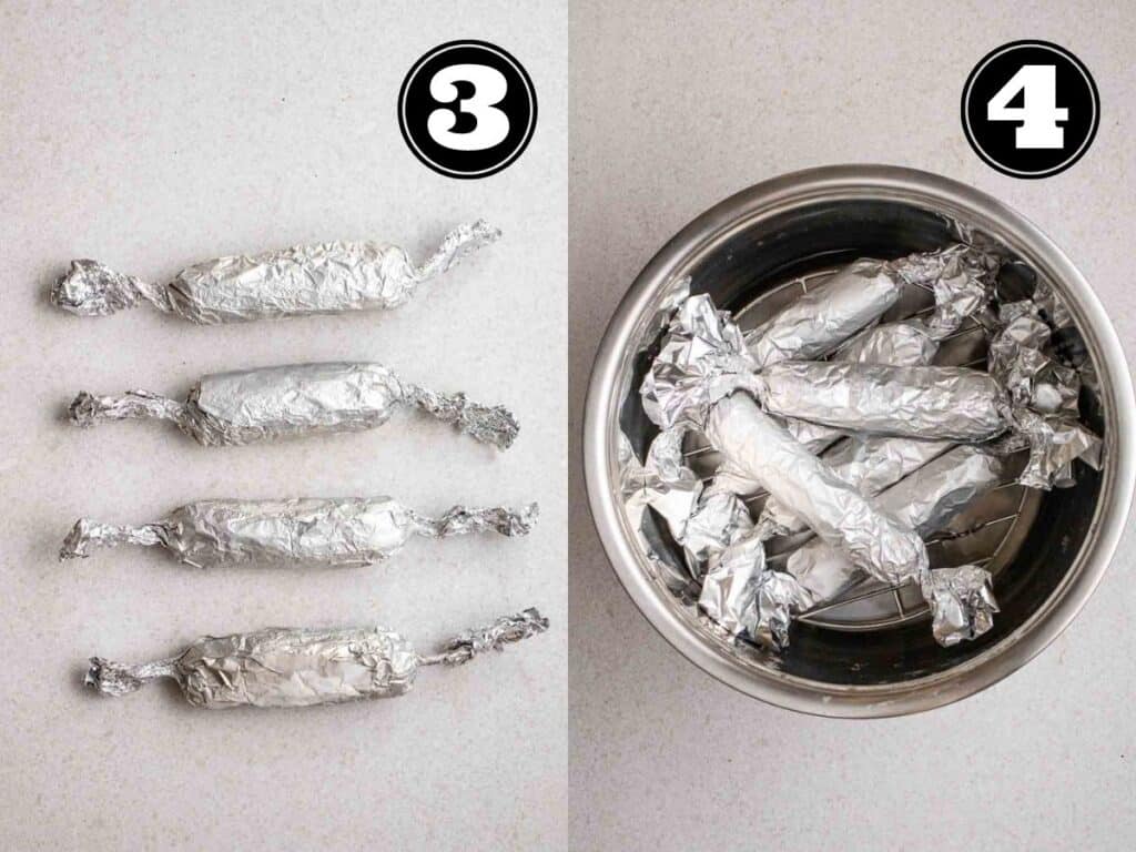 Collage showing 4 vegan sausages wrapped in foil and in a pot.