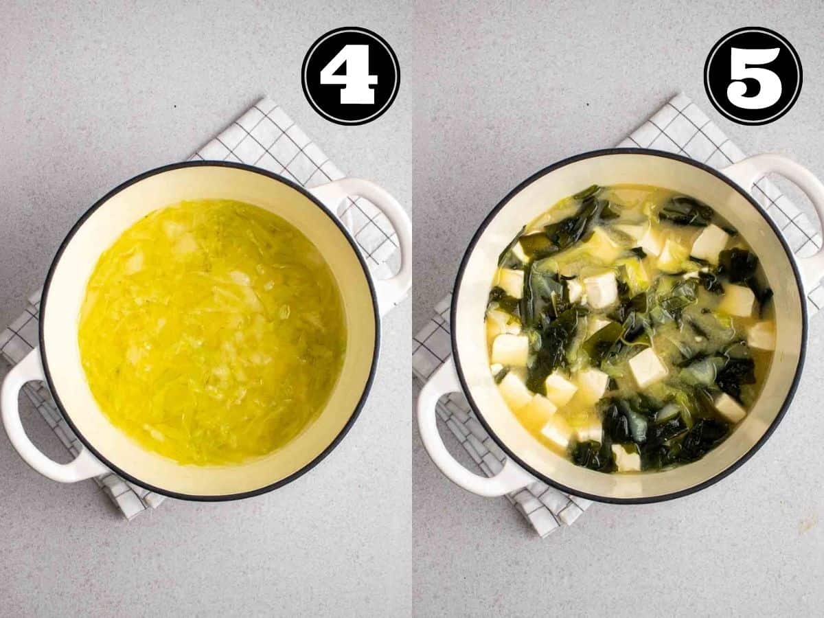 Collage showing cabbage and broth, then wakame miso soup in a white Dutch oven.