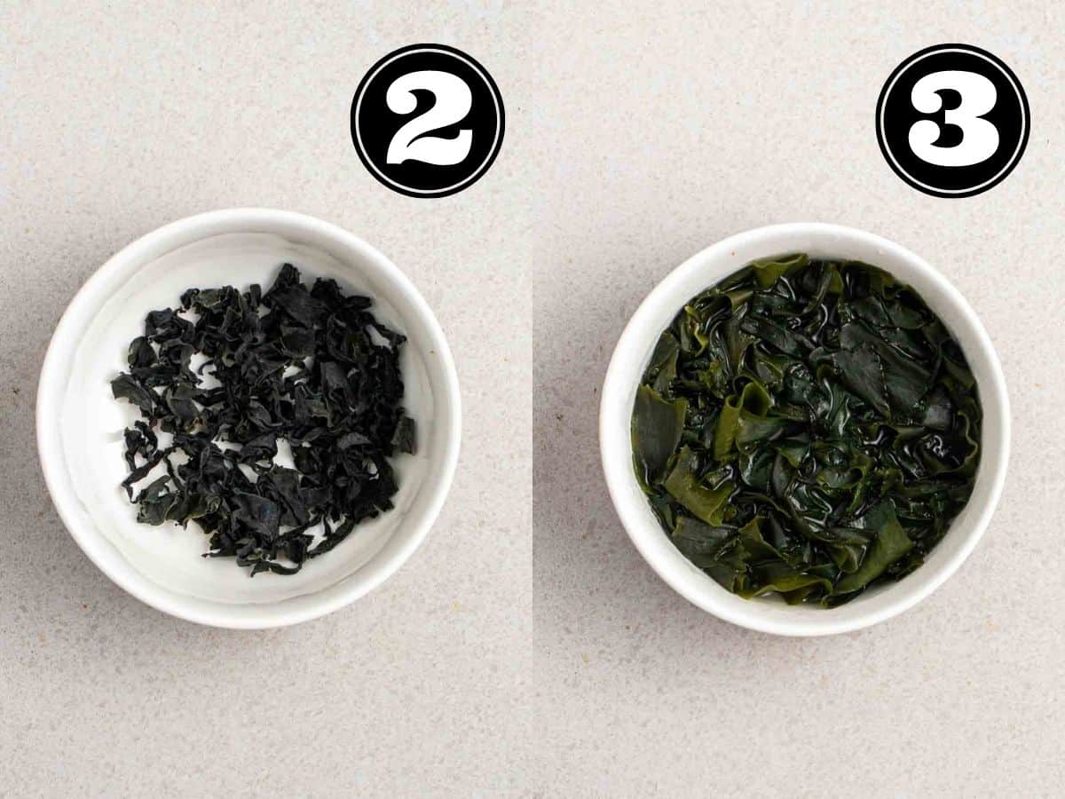 Collage showing before and after soaking wakame in a white bowl.