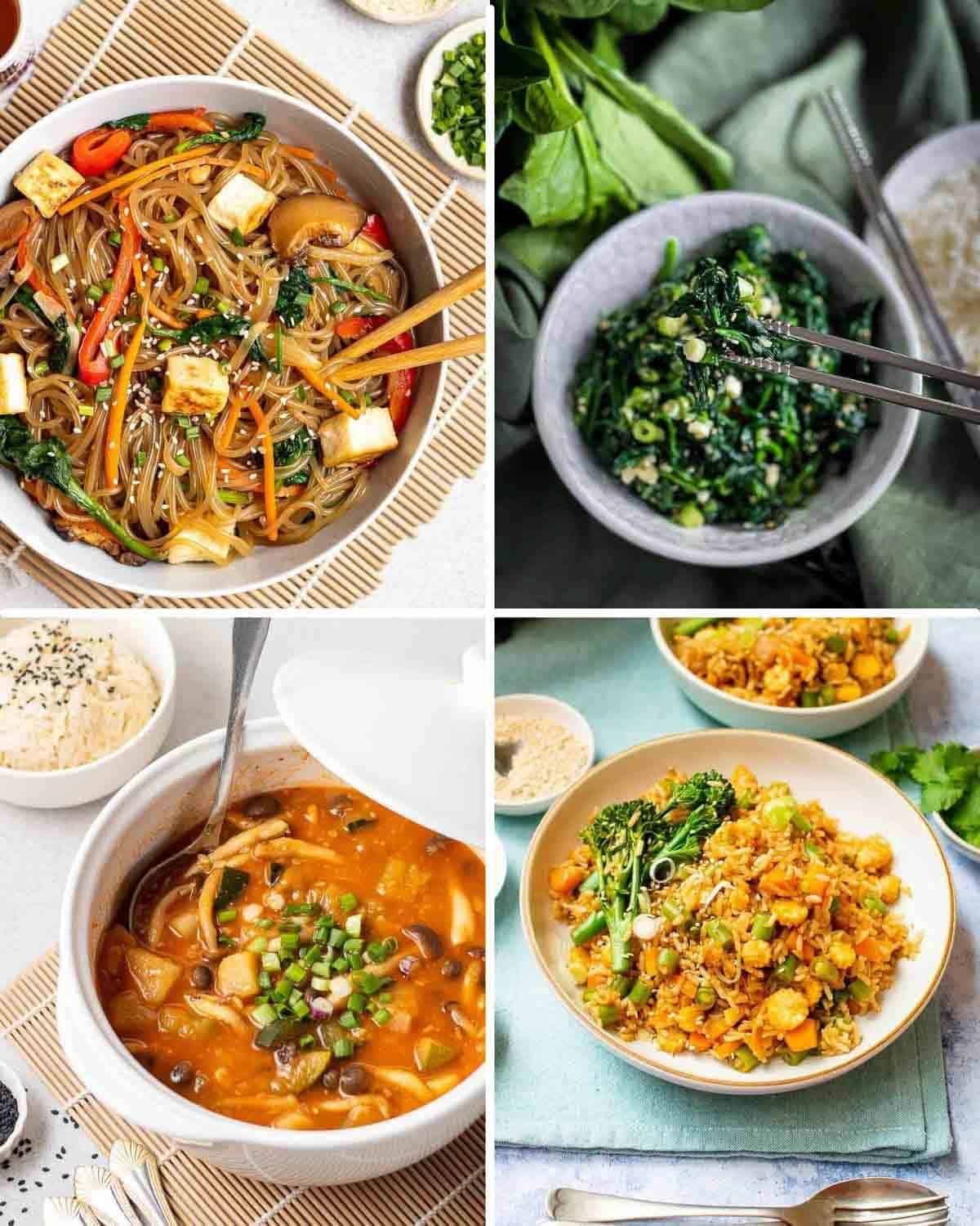 Collage of a plate of japchae, a bowl of spinach, a pot of gochujang soup and a plate of kimchi fried rice.
