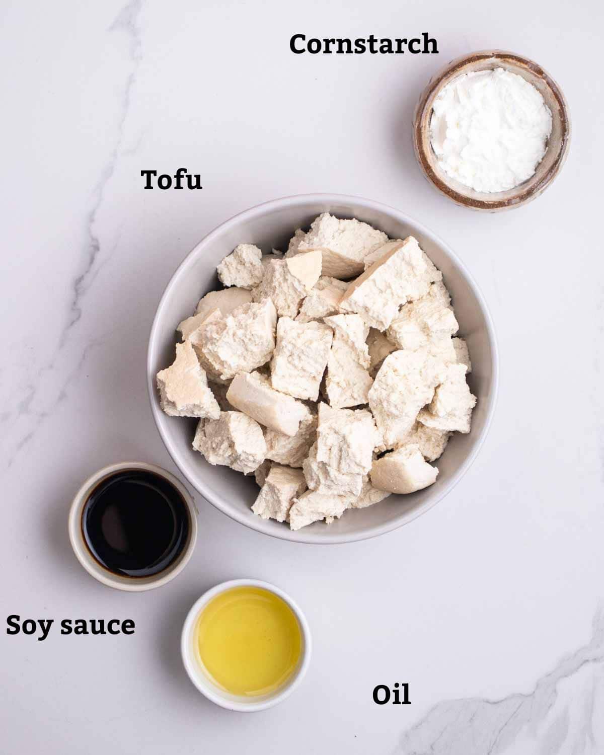 Ingredients needed such as tofu, soy sauce, oil, and cornstarch.