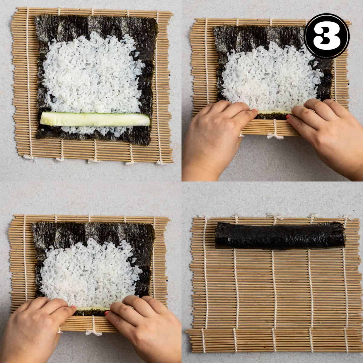 Collage showing rolling sushi using a sushi mat.