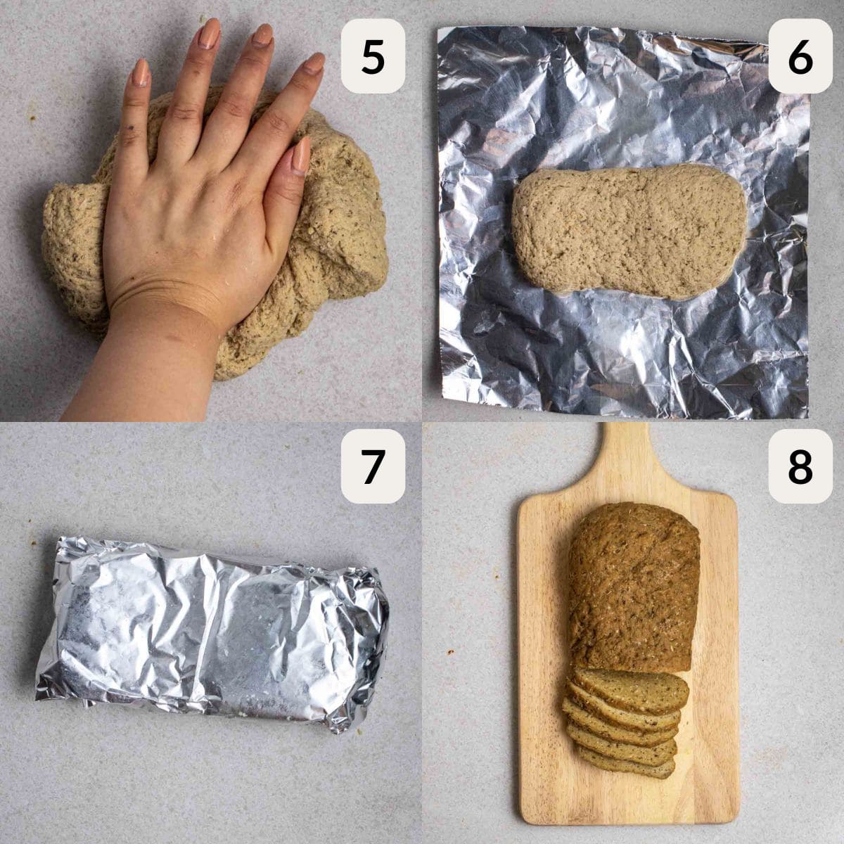 Collage of kneading seitan dough, shaping and wrapping in foil, and cooked seitan.