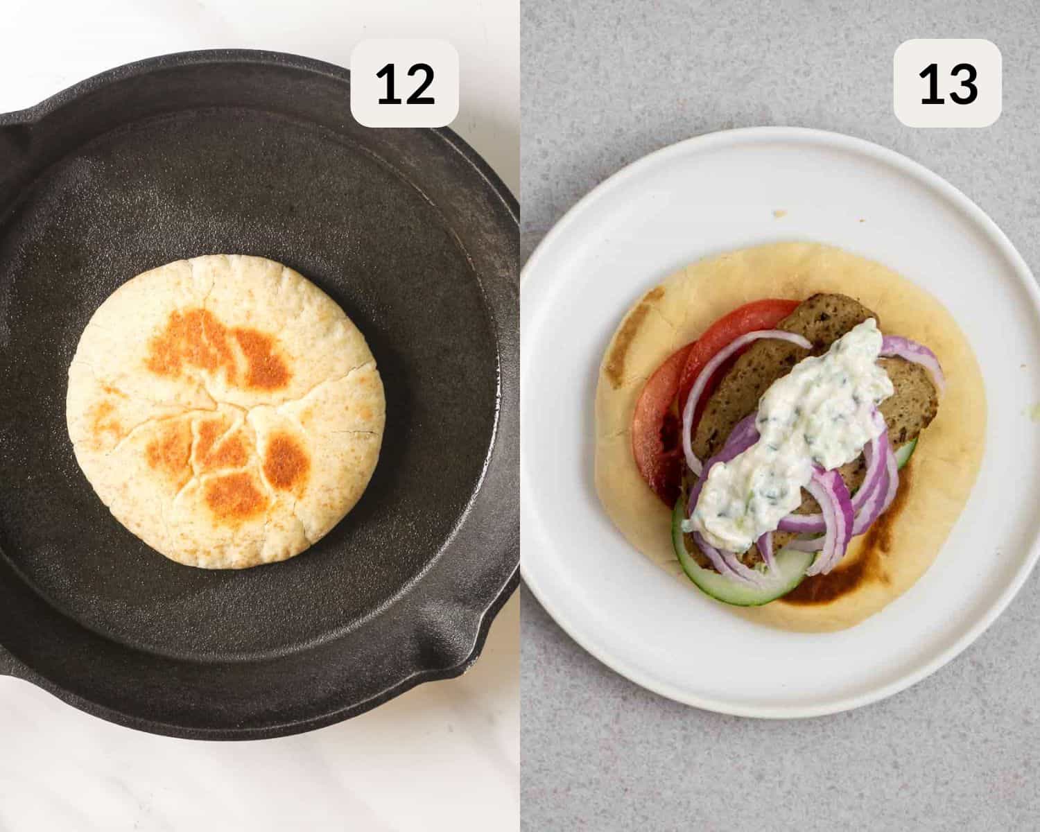 Collage of toasting pita bread and assembling the gyro sandwich.