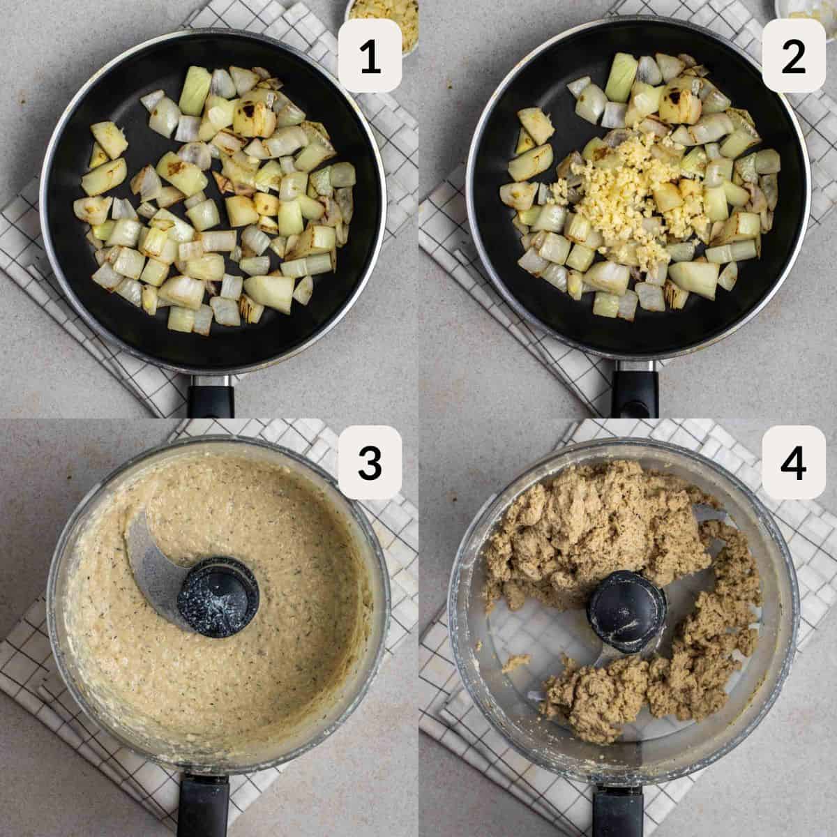 A collage of sauteing onion, frying garlic, and making the seitan dough.