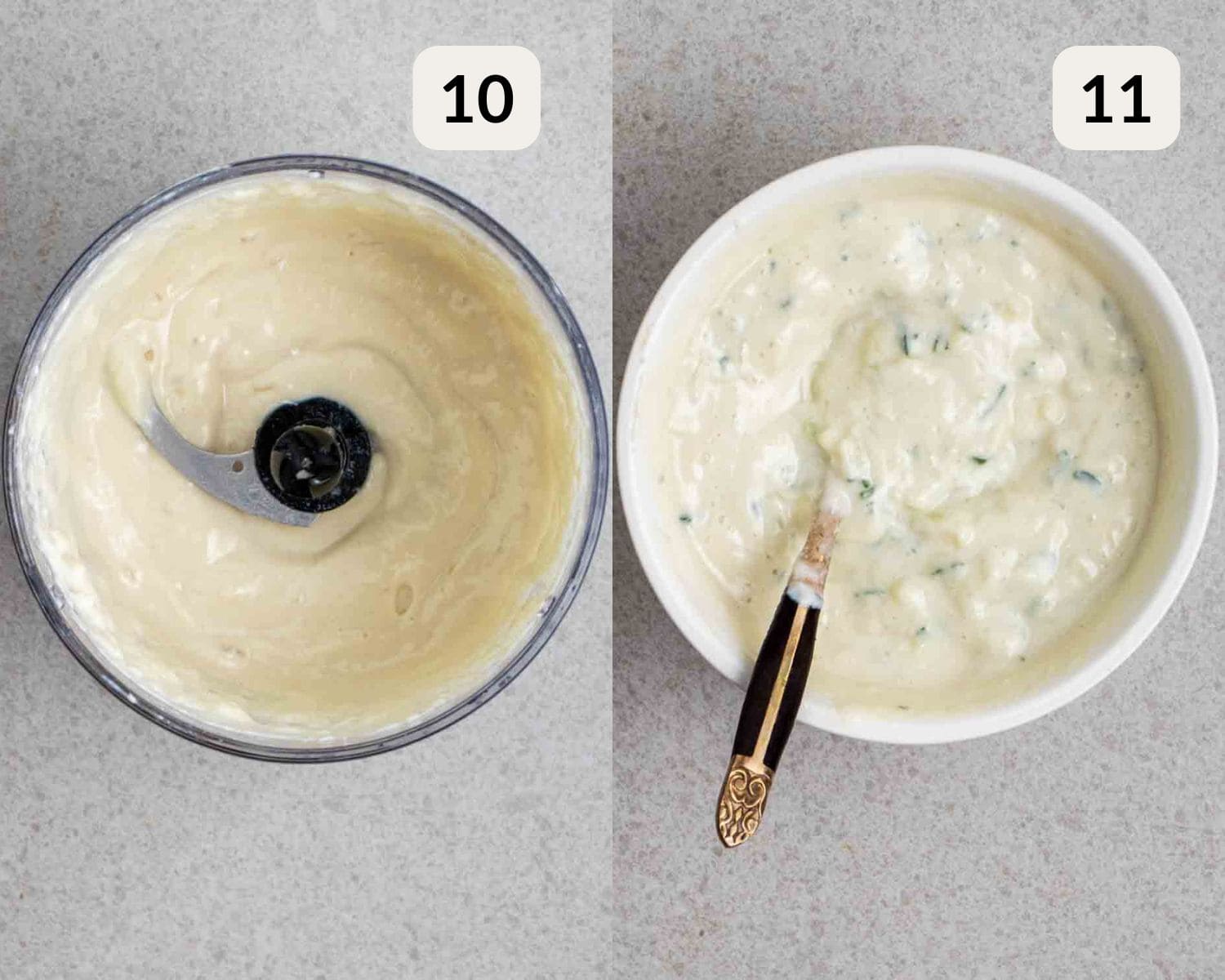 Blending ingredients needed for tzatziki, then adding in shredded cucumber.