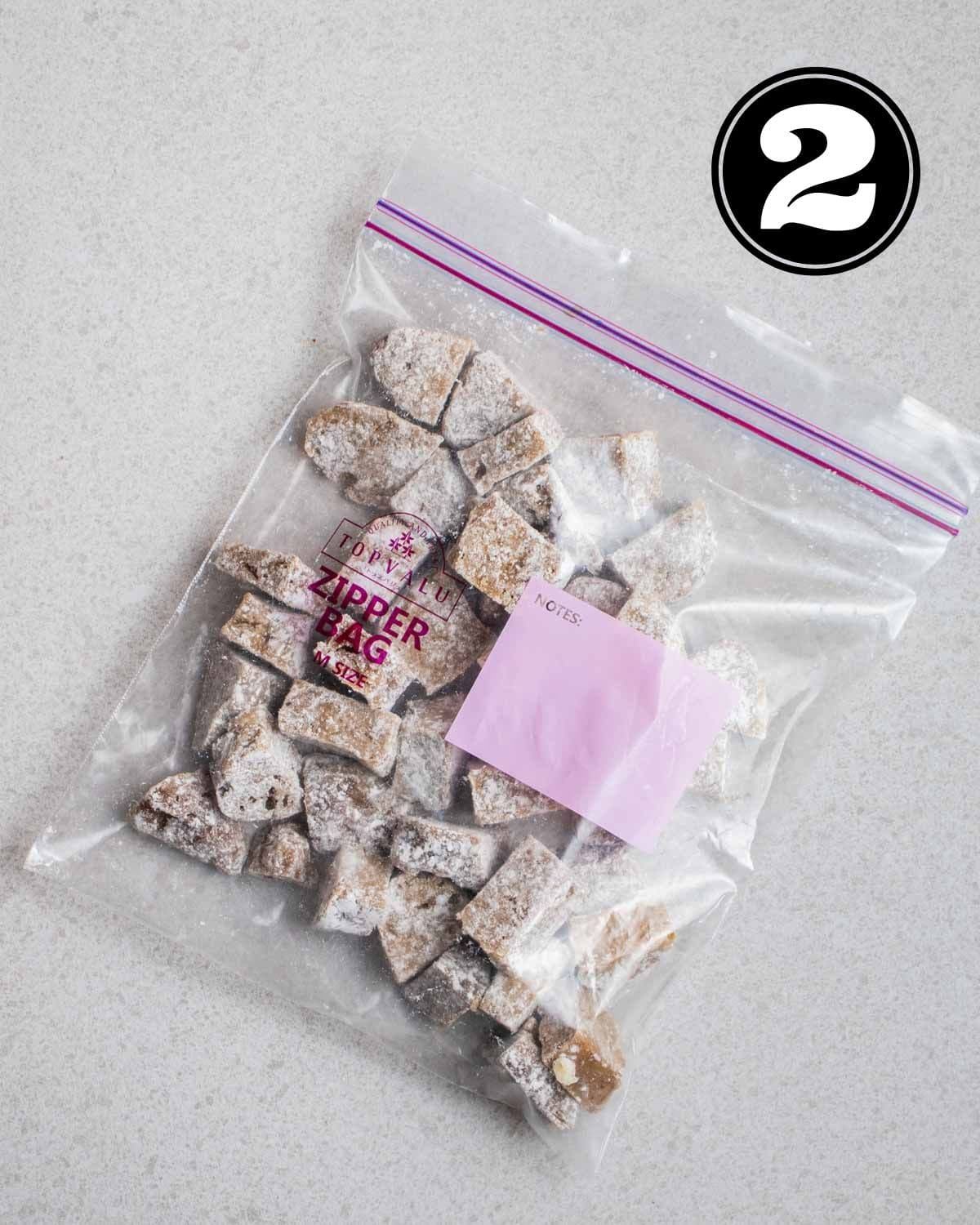 Coated seitan in a ziplock bag.